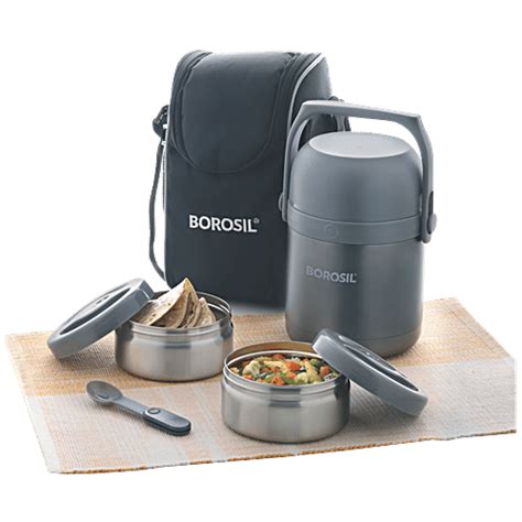 borosil hydra stainless steel insulated lunch box 4-piece steel grey|Borosil .